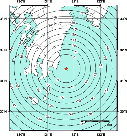緊急地震速報第1報提供から主要動到達までの時間及び推計震度分布図