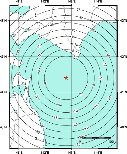 緊急地震速報第1報提供から主要動到達までの時間及び推計震度分布図