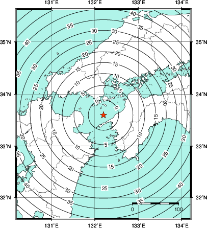 緊急地震速報第1報提供から主要動到達までの時間及び推計震度分布図
