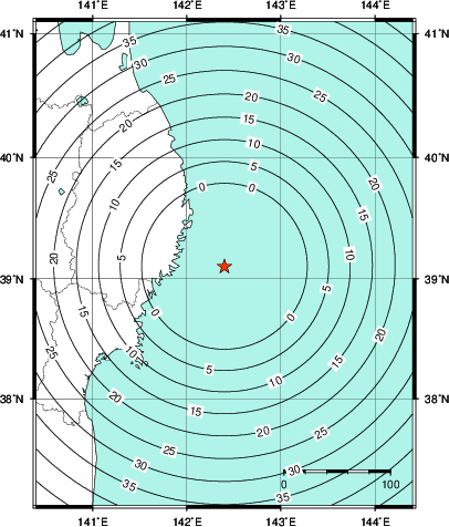 緊急地震速報第1報提供から主要動到達までの時間及び推計震度分布図