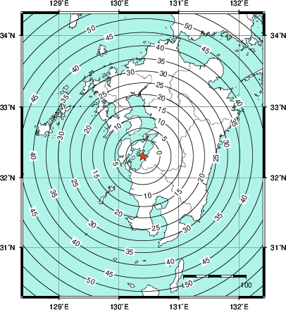 緊急地震速報第1報提供から主要動到達までの時間及び推計震度分布図
