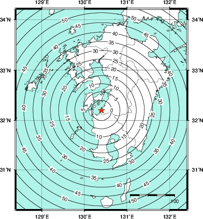 緊急地震速報第1報提供から主要動到達までの時間及び推計震度分布図