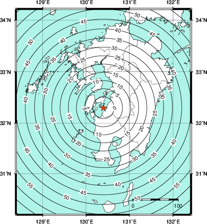 緊急地震速報第1報提供から主要動到達までの時間及び推計震度分布図