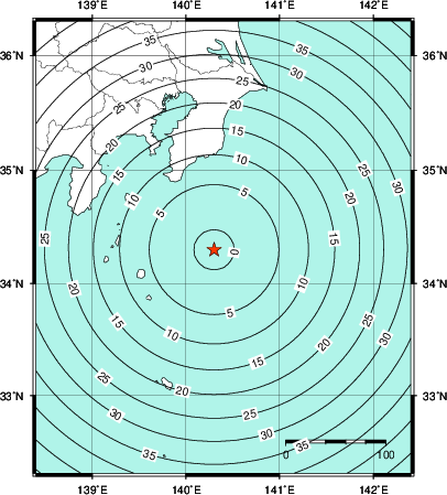 緊急地震速報第1報提供から主要動到達までの時間及び推計震度分布図