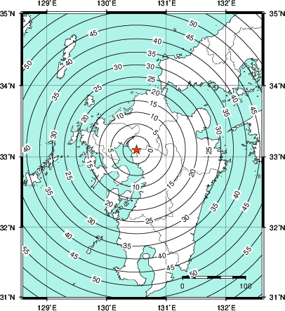 緊急地震速報第1報提供から主要動到達までの時間及び推計震度分布図