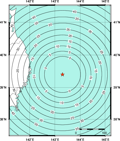 緊急地震速報第1報提供から主要動到達までの時間及び推計震度分布図