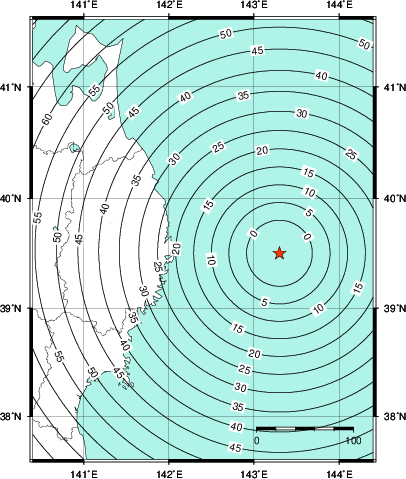 緊急地震速報第1報提供から主要動到達までの時間及び推計震度分布図