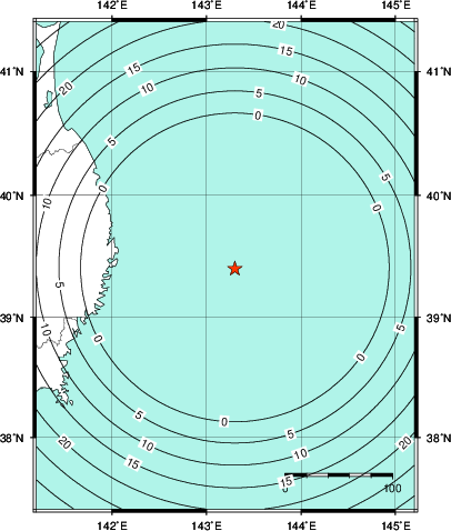 緊急地震速報第1報提供から主要動到達までの時間及び推計震度分布図