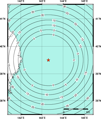 緊急地震速報第1報提供から主要動到達までの時間及び推計震度分布図