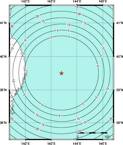 緊急地震速報第1報提供から主要動到達までの時間及び推計震度分布図