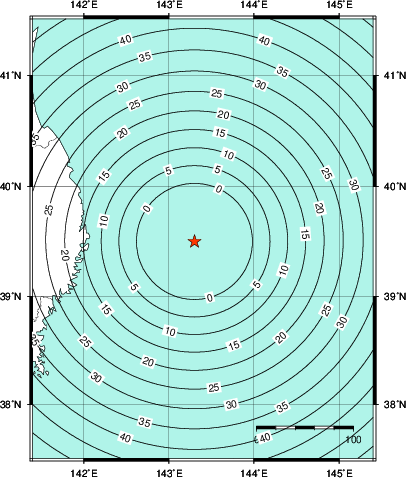 緊急地震速報第1報提供から主要動到達までの時間及び推計震度分布図