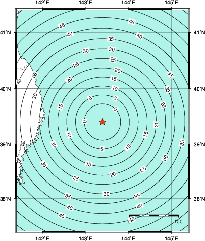 緊急地震速報第1報提供から主要動到達までの時間及び推計震度分布図