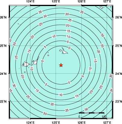 緊急地震速報第1報提供から主要動到達までの時間及び推計震度分布図