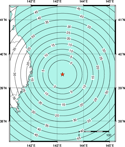 緊急地震速報第1報提供から主要動到達までの時間及び推計震度分布図