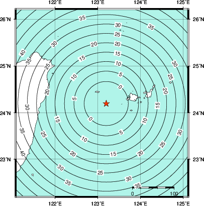 緊急地震速報第1報提供から主要動到達までの時間及び推計震度分布図