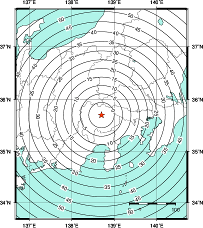 緊急地震速報第1報提供から主要動到達までの時間及び推計震度分布図