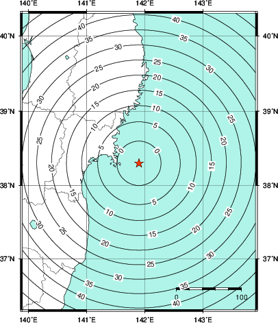 緊急地震速報第1報提供から主要動到達までの時間及び推計震度分布図