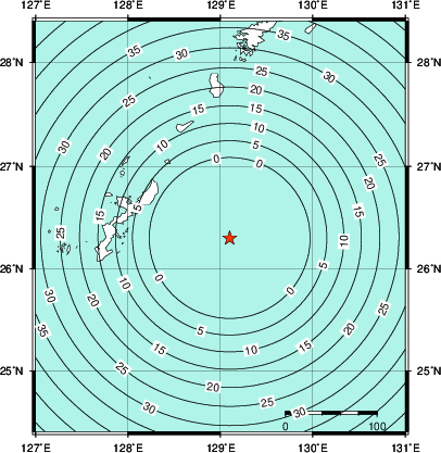 緊急地震速報第1報提供から主要動到達までの時間及び推計震度分布図