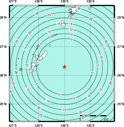 緊急地震速報第1報提供から主要動到達までの時間及び推計震度分布図