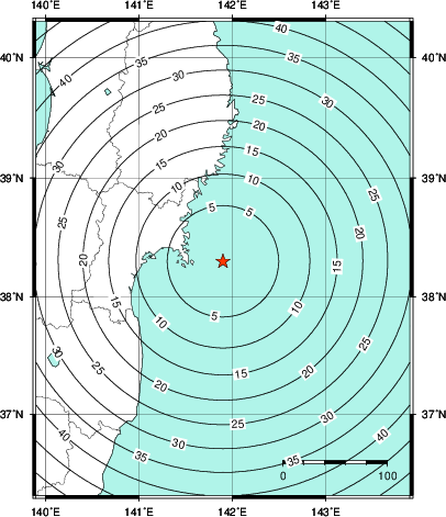 緊急地震速報第1報提供から主要動到達までの時間及び推計震度分布図