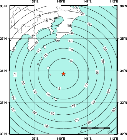 緊急地震速報第1報提供から主要動到達までの時間及び推計震度分布図
