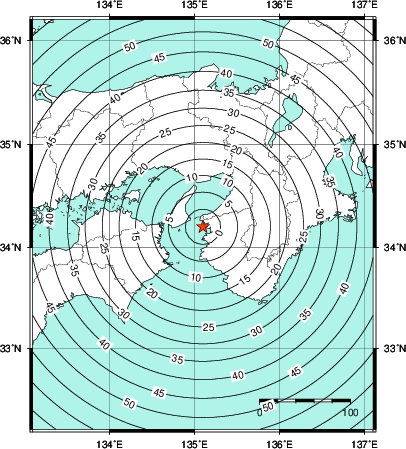 緊急地震速報第1報提供から主要動到達までの時間及び推計震度分布図