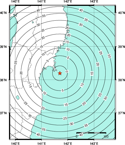 緊急地震速報第1報提供から主要動到達までの時間及び推計震度分布図