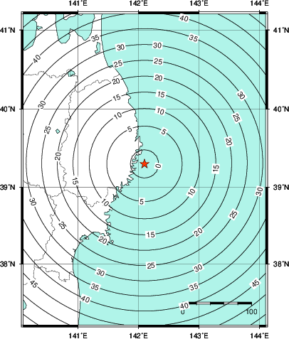 緊急地震速報第1報提供から主要動到達までの時間及び推計震度分布図