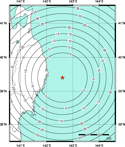 緊急地震速報第1報提供から主要動到達までの時間及び推計震度分布図