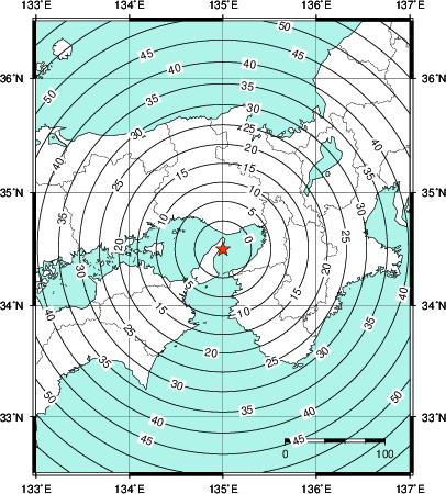 緊急地震速報第1報提供から主要動到達までの時間及び推計震度分布図