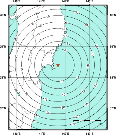 緊急地震速報第1報提供から主要動到達までの時間及び推計震度分布図