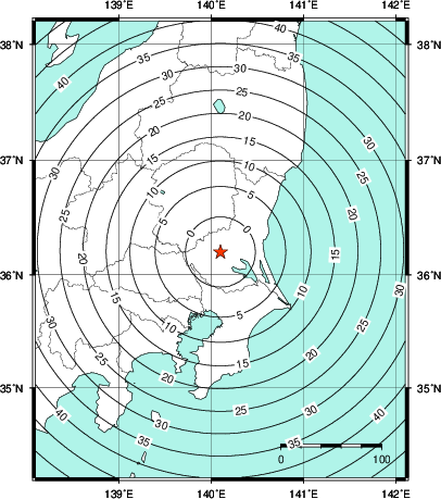 緊急地震速報第1報提供から主要動到達までの時間及び推計震度分布図