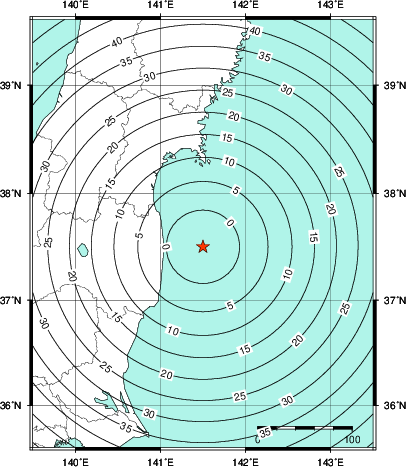 緊急地震速報第1報提供から主要動到達までの時間及び推計震度分布図