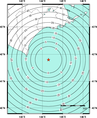 緊急地震速報第1報提供から主要動到達までの時間及び推計震度分布図