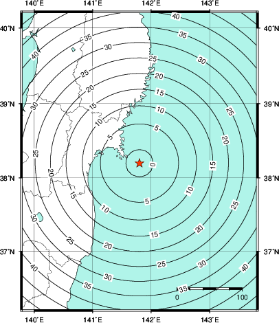 緊急地震速報第1報提供から主要動到達までの時間及び推計震度分布図
