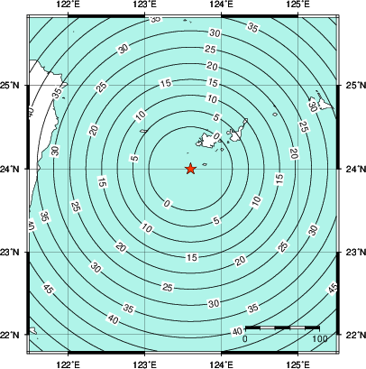 緊急地震速報第1報提供から主要動到達までの時間及び推計震度分布図