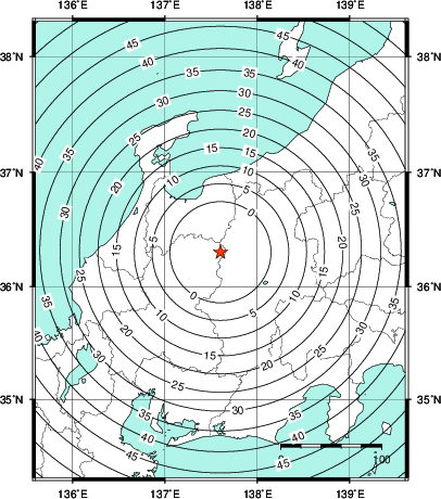 緊急地震速報第1報提供から主要動到達までの時間及び推計震度分布図