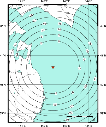 緊急地震速報第1報提供から主要動到達までの時間及び推計震度分布図
