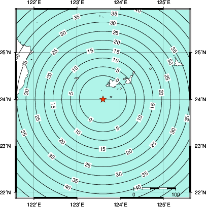 緊急地震速報第1報提供から主要動到達までの時間及び推計震度分布図