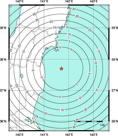 緊急地震速報第1報提供から主要動到達までの時間及び推計震度分布図