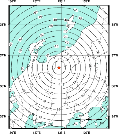 緊急地震速報第1報提供から主要動到達までの時間及び推計震度分布図