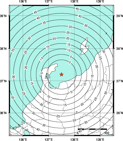 緊急地震速報第1報提供から主要動到達までの時間及び推計震度分布図