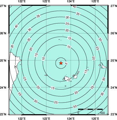 緊急地震速報第1報提供から主要動到達までの時間及び推計震度分布図