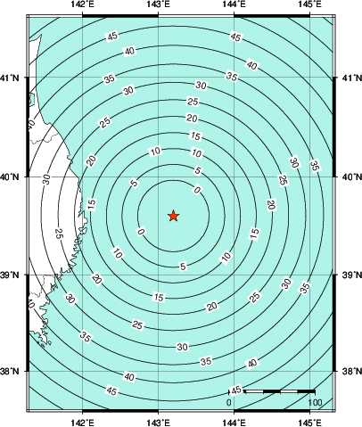 緊急地震速報第1報提供から主要動到達までの時間及び推計震度分布図