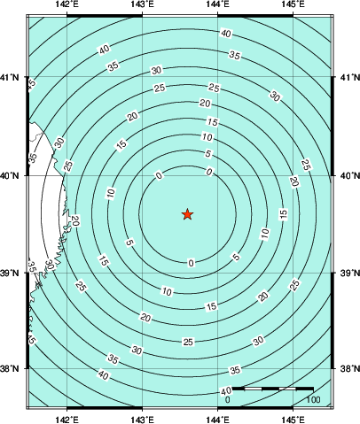 緊急地震速報第1報提供から主要動到達までの時間及び推計震度分布図