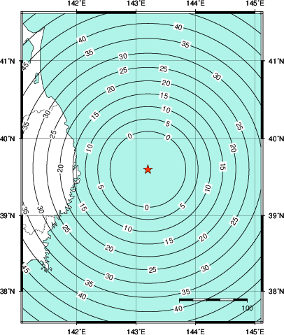 緊急地震速報第1報提供から主要動到達までの時間及び推計震度分布図