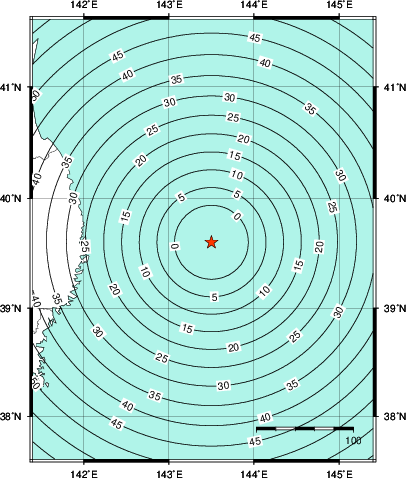 緊急地震速報第1報提供から主要動到達までの時間及び推計震度分布図