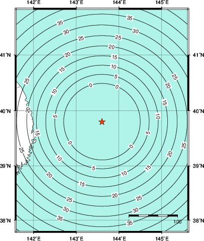 緊急地震速報第1報提供から主要動到達までの時間及び推計震度分布図