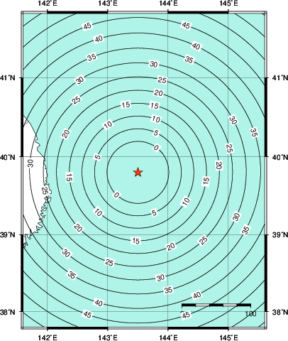 緊急地震速報第1報提供から主要動到達までの時間及び推計震度分布図
