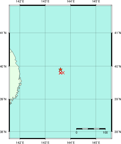 推定した震源の位置